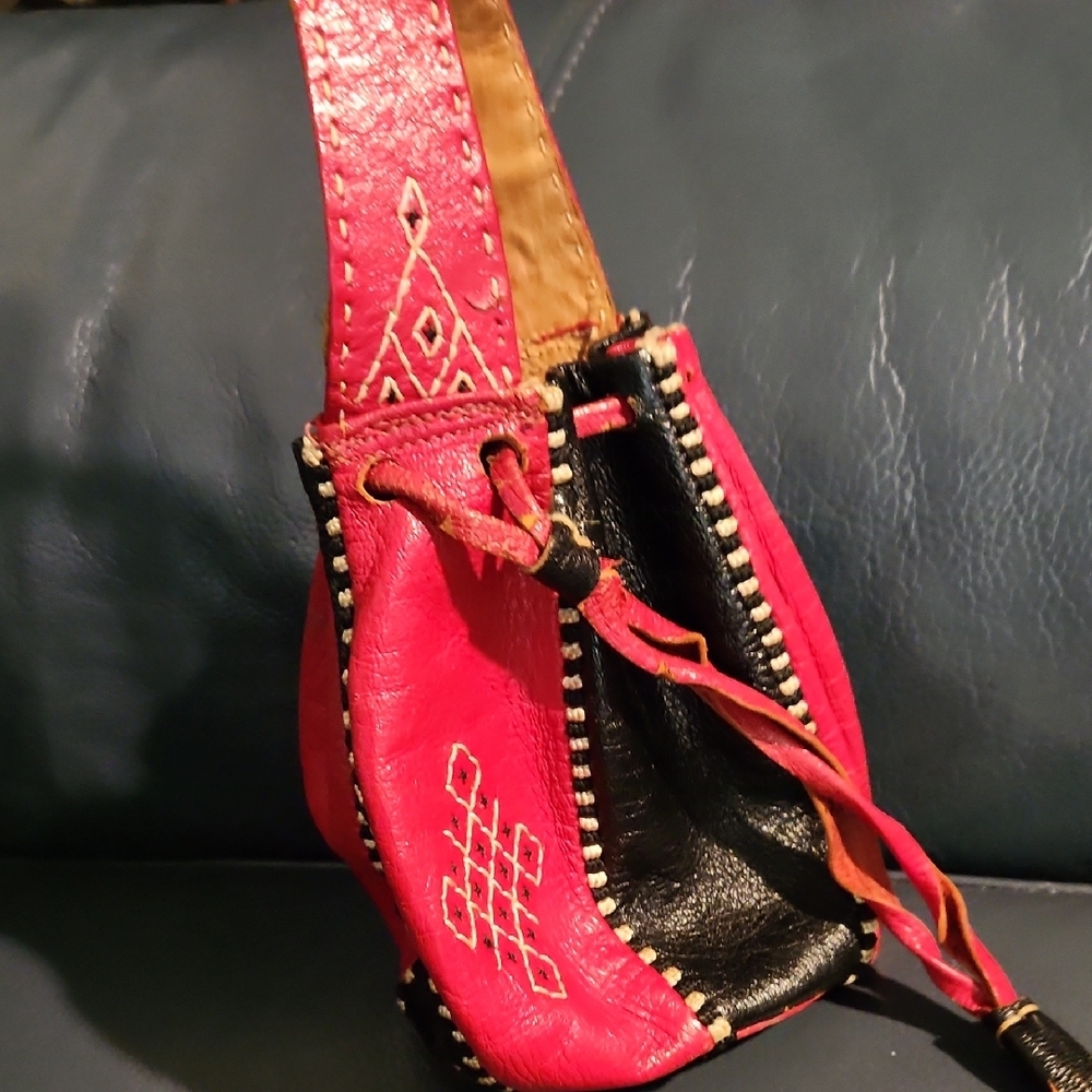 Mini Red and Black Bohemian Bucket Bag with Fringe really small